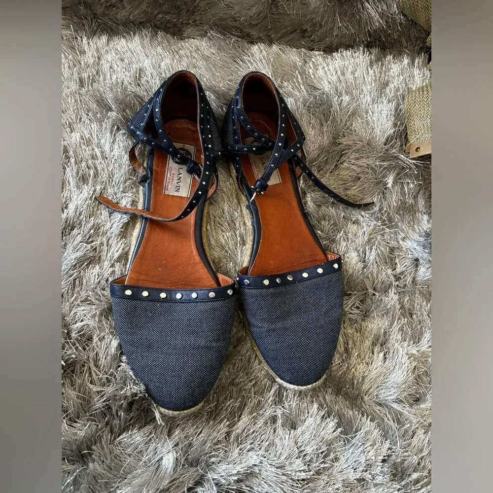 Lanvin flat espadrille denim wedge flats studded shoes strappy sandals jean